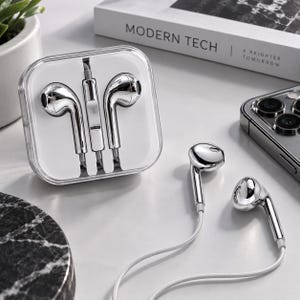 Puede incluir: Un par de auriculares con cable en acabado cromado brillante y cable blanco, con un diseño metálico elegante. Un par está guardado ordenadamente dentro de un estuche cuadrado de plástico transparente, mientras que otro par idéntico se encuentra fuera.