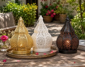 Farol de metal marroquí para velas, decoración de mesa bohemia, portavelas oriental, acento exótico para el hogar, regalo para centro de mesa de patio