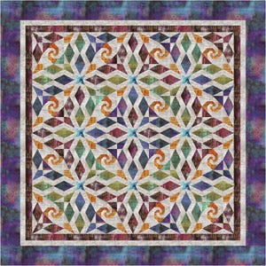 May include: A square quilt featuring a repeating geometric pattern of diamonds and spirals in shades of purple, orange, green, and blue. The central design is framed by a light-colored border and a wide, textured dark purple outer edge.