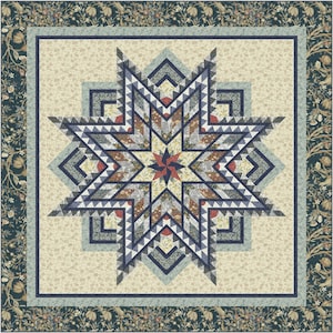 May include: A square quilt featuring a central eight-pointed star pattern composed of geometric shapes in shades of navy blue, cream, light blue, and rust red. The star is surrounded by a cream floral background and a dark blue floral border.