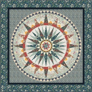 May include: A square quilt featuring a central compass star design composed of intricate floral and botanical patterned fabric segments in shades of deep blue, sage green, red, and cream, surrounded by a border of small triangles and floral prints.