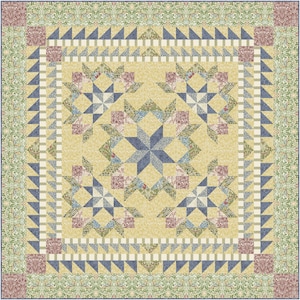 May include: A square quilt featuring a central blue star motif surrounded by four floral patterned blocks on a yellow background. The border consists of blue triangles, a checkered pattern, and an outer frame of green and pink floral fabric.