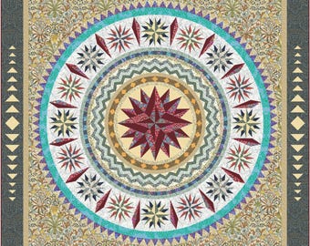 Whispering Currents Printed Quilt Pattern, Mariners Compass, William Morris Fabrics, paper pieced, 84x84 inches