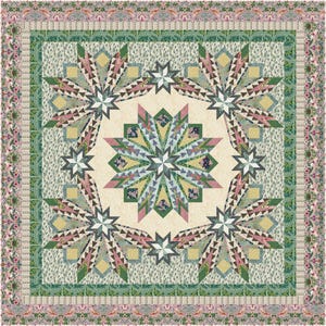 May include: A square quilt featuring a large central star pattern surrounded by four smaller stars in the corners. The design incorporates shades of sage green, dusty pink, cream, and dark grey with intricate floral and geometric fabric prints.
