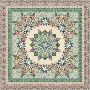 May include: A square quilt featuring a large central star pattern surrounded by four smaller stars in the corners. The design incorporates shades of sage green, dusty pink, cream, and dark grey with intricate floral and geometric fabric prints.