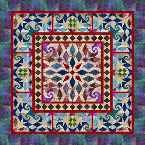 May include: A square quilt featuring a central star pattern composed of blue, purple, and red diamonds on a beige background with text. It is framed by a black and white checkered border, a red border, and an outer teal and purple textured border.