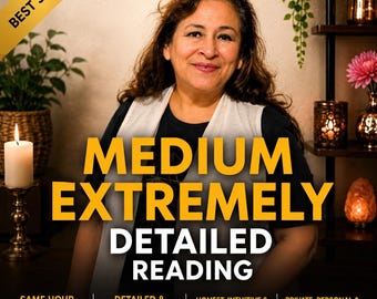 May include: A person with long brown hair wearing a black shirt and white vest. The image features the text "MEDIUM EXTREMELY DETAILED READING" in large yellow and white letters, along with smaller text detailing service features and a "BEST SELLER" banner.