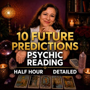 Może przedstawiać: Usługa czytania psychicznego z tekstem 10 FUTURE PREDICTIONS PSYCHIC READING HALF HOUR DETAILED. Obraz przedstawia pięć kart tarota ułożonych na ciemnej powierzchni, w tym The Star, The High Priestess, The World oraz The Lovers.