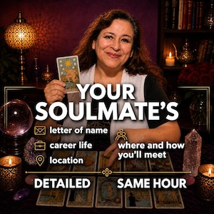 May include: A tarot card reading service advertisement featuring a person holding The Star card. Text reads: YOUR SOULMATE'S, letter of name, career life, location, where and how you'll meet, DETAILED, SAME HOUR. The scene includes candles, crystals, and tarot cards.