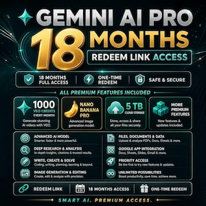Puede incluir: Un gráfico digital para Gemini AI Pro 18 Months Redeem Link Access. Presenta texto dorado, acentos en color verde azulado e iconos para 1000 créditos Veo, Nano Banana Pro, 5 TB de almacenamiento en la nube y funciones premium detalladas.