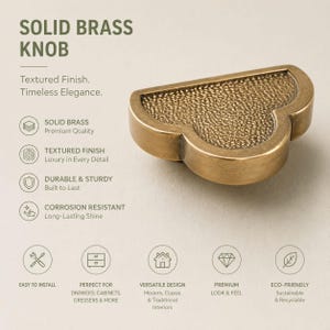 May include: A solid brass knob with a cloud-like shape and a textured finish. The text on the image reads: SOLID BRASS KNOB, Textured Finish, Timeless Elegance, SOLID BRASS, TEXTURED FINISH, DURABLE & STURDY, CORROSION RESISTANT, EASY TO INSTALL.