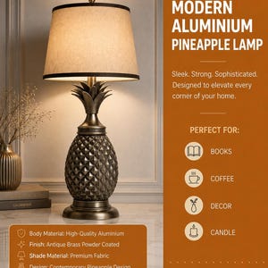 May include: A table lamp with a pineapple-shaped base made of antique brass powder-coated aluminum, topped with a beige fabric shade. The text on the image reads: MODERN ALUMINIUM PINEAPPLE LAMP, PERFECT FOR: BOOKS, COFFEE, DECOR, CANDLE.