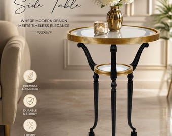 Moderne aluminium bijzettafel met spiegelplanken, blad van gehard glas, luxe accentmeubeldesign.