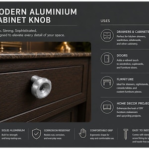 May include: A silver-colored aluminum cabinet knob with a circular, stepped design installed on a dark wood drawer. The text on the image reads: MODERN ALUMINUM CABINET KNOB, USES, DRAWERS & CABINETS, DOORS, FURNITURE, HOME DECOR PROJECTS, SOLID ALUMINUM, CORROSION RESISTANT, COMFORTABLE GRIP, EASY TO INSTALL.