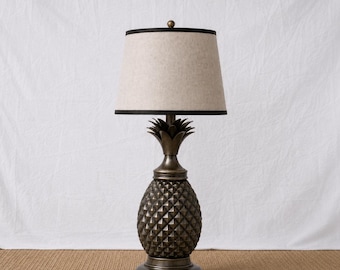 Vintage Pineapple Table Lamp Bronze Base Linen Shade Decorative Bedside Living Room Accent Lighting