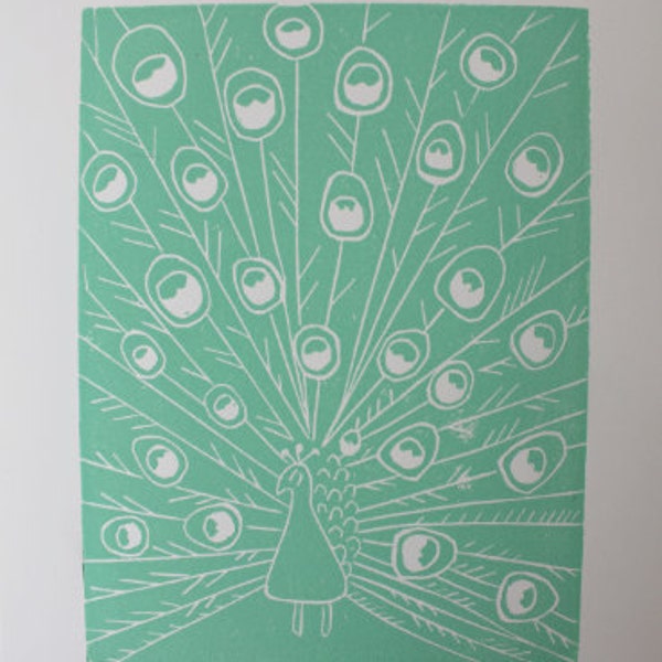 Peacock Linocut Print, Unframed