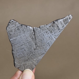 May include: A triangular-shaped iron meteorite specimen featuring a distinct metallic gray surface with a visible Widmanstätten pattern of intersecting crystalline bands and a textured, etched appearance across its flat, irregular face.