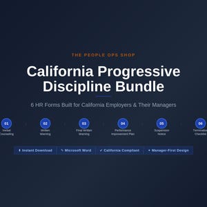 Può includere: Un pacchetto di documenti digitali intitolato California Progressive Discipline Bundle di The People Ops Shop. Include 6 moduli HR per i datori di lavoro della California, con passaggi per consulenza verbale, avvertimento scritto, avvertimento scritto finale, piano di miglioramento delle prestazioni, avviso di sospensione e lista di controllo per il licenziamento. Include download istantaneo, formato Microsoft Word, conformità californiana e design orientato ai manager.