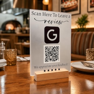 Frosted Acrylic Google Review Sign, QR Code Stand with Wood Base, Business Feedback Display for Restaurant, Salon, Auto Shop, Reception Desk
