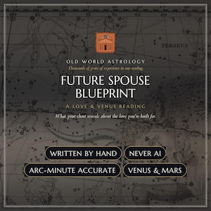 May include: A dark gray graphic featuring a celestial map background with the text Old World Astrology, Future Spouse Blueprint, A Love & Venus Reading, What your chart reveals about the love you're built for, Written By Hand, Never AI, Arc-Minute Accurate, and Venus & Mars.