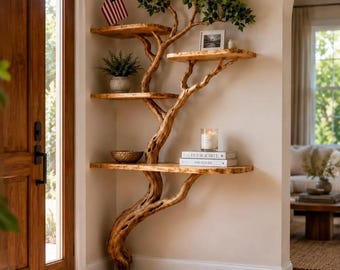 Live Edge Tree Bookshelf, Rustic Wall Mounted Wood Decor, Nature Inspired Shelves