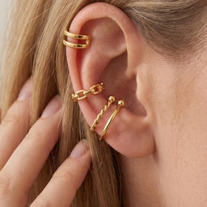 18K vergulde 4-delige oormanchetset, gedraaide kettingoormanchetten, minimalistische gouden oormanchetten, stapelbare sieraden zonder piercing, cadeau voor haar