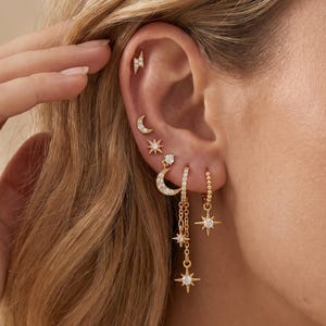 18K Gold Filled Celestial Earrings, Moon Star CZ Huggie Hoops, Dainty Galaxy Jewelry, Layered Ear Stack Earrings Gift For Her