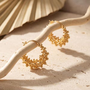 18K Gold Filled Beaded Hoop Earrings, Vintage Gold Bubble Hoops, Textured Statement Earrings, Luxury Everyday Jewelry Gift