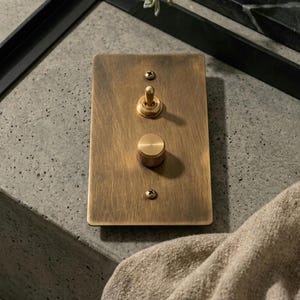 Op de afbeelding: Een rechthoekige lichtschakelaarplaat van messing met een geborstelde afwerking, voorzien van een enkele verticale tuimelschakelaar aan de bovenkant en een ronde gekartelde dimmerknop eronder. De plaat is bevestigd met twee kleine schroeven.