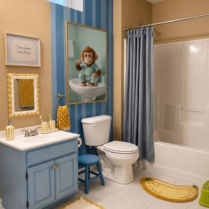 May include: A bathroom featuring a blue vanity, a white toilet, and a blue shower curtain. A framed print on the wall reads I see London I see France. A mirror reflects a plush monkey in pajamas brushing its teeth. A banana-shaped rug lies on the floor.