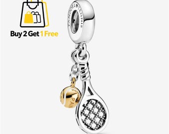 Tennis Racket & Ball Dangle Charm,,925 Sterling Silver Charm,Pandora Compatible Bracelet Bead,Gift for Girls Women