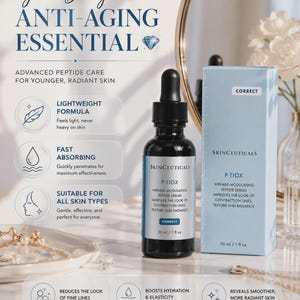Op de afbeelding: Een flesje van 30 ml SkinCeuticals P-TIOX rimpelmodulerend peptide serum met een zwarte druppeldop, vergezeld door de lichtblauwe rechthoekige doos. De verpakking bevat de tekst 'Your Daily ANTI-AGING ESSENTIAL' en '30 ml / 1 fl oz'.
