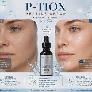 Op de afbeelding: Een zwart druppelflesje met SkinCeuticals P-TIOX peptide serum, 30 ml / 1 fl oz, geplaatst tussen voor- en na-afbeeldingen van een gezicht. Tekst bevat P-TIOX PEPTIDE SERUM, SCIENCE THAT TRANSFORMS YOUR SKIN, CLINICALLY INSPIRED VISIBLE RESULTS.