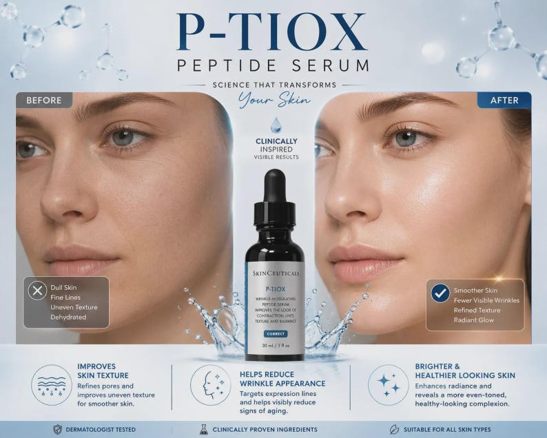 Op de afbeelding: Een zwart druppelflesje met SkinCeuticals P-TIOX peptide serum, 30 ml / 1 fl oz, geplaatst tussen voor- en na-afbeeldingen van een gezicht. Tekst bevat P-TIOX PEPTIDE SERUM, SCIENCE THAT TRANSFORMS YOUR SKIN, CLINICALLY INSPIRED VISIBLE RESULTS.