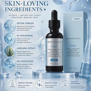 Op de afbeelding: Een 30 ml / 1 fl oz flesje SkinCeuticals P-TIOX rimpelmodulerend peptide serum met druppeldop, naast de bijbehorende doos. De afbeelding bevat tekst met details over ingredi&euml;nten zoals peptidecomplex, niacinamide en laminaria-extract.