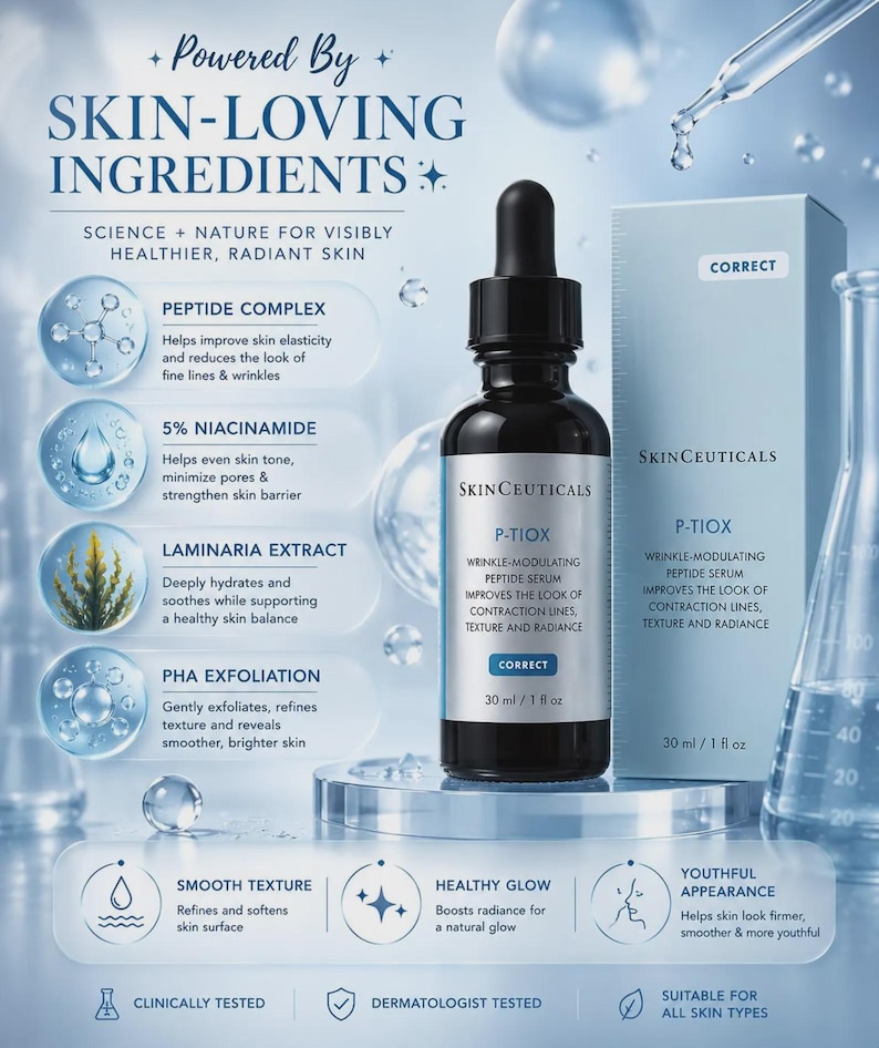 Op de afbeelding: Een 30 ml / 1 fl oz flesje SkinCeuticals P-TIOX rimpelmodulerend peptide serum met druppeldop, naast de bijbehorende doos. De afbeelding bevat tekst met details over ingredi&euml;nten zoals peptidecomplex, niacinamide en laminaria-extract.