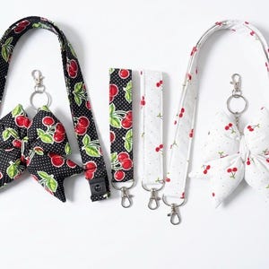 Cherry Print Fabric Breakaway Lanyard with Matching Bow & Wristlet Keychain