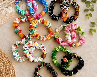 Handmade Skinny Cotton Scrunchies, Colorful Fabric Hair Ties (3" Diameter)