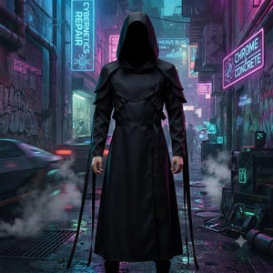 May include: A long black hooded cloak featuring structured shoulder panels, a belted waist, and long fabric straps hanging from the sleeves. The garment has a solid dark finish and a deep hood that obscures the face, set against a neon-lit alleyway.