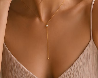 Minimalist Gold Lariat Necklace, Delicate Pearl Drop Necklace, Elegant Wedding Necklace, Bridesmaid Jewelry Gift, Marquise Stone Y Necklace