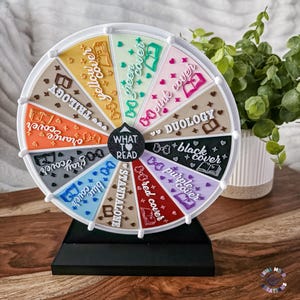 May include: A circular decision wheel with a black centre labelled WHAT TO READ. The wheel is divided into ten coloured segments featuring text such as yellow cover, green cover, pink cover, duology, black cover, purple cover, red cover, standalone, blue cover, gray cover, orange cover, and trilogy, decorated with small book and bow icons.