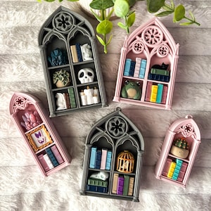May include: Five miniature gothic-style arched shelves in gray and pink, featuring various decorative items including tiny books, a skull, a frog, a birdcage, crystals, a framed butterfly picture, a potted plant, and a cactus in small pots.