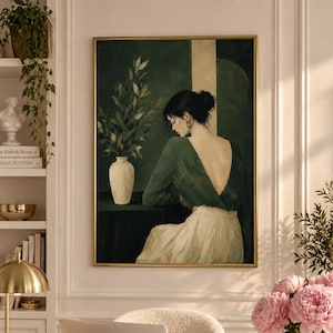 French Girl Aesthetic - Bare Back Portrait | Sage Green Blouse | Impasto Oil Painting | Printable Wall Art | Digital Download