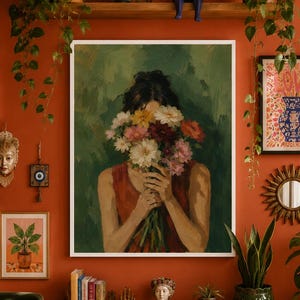 Vibrant Dahlia Bouquet - Chrysanthemum Art | Rust Red Dress Woman | Eclectic Floral Portrait | Printable Wall Art | Digital Download