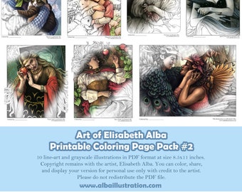 More Coloring Book Pages - Printable Pack of 10 Pages Ready to Color - Fantasy Line and Grayscale Art