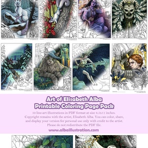 Coloring Book Pages - Printable Pack of 10 Pages Ready to Color - Fantasy Line and Grayscale Art