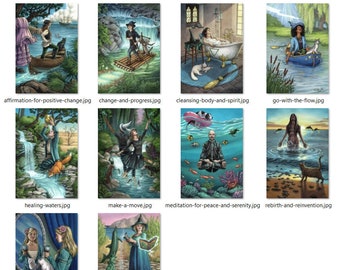 Peut inclure: Une collection d'illustrations de cartes de tarot. Chaque carte présente une scène unique avec des personnages dans divers environnements, notamment des bateaux, des cascades et des scènes sous-marines. Les cartes ont des titres tels que "affirmation-for-positive-change" et "water-magic."