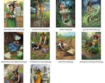 Peut inclure: Un jeu de 10 cartes de tarot illustrant une femme dans un jardin. Les cartes sont intitulées : Affirmation pour la croissance, Se connecter à Gaïa, Magie de la terre, Terre et centre, Hibernation et régénération, Méditation pour creuser profondément, Planter les graines, Prospérité et abondance, Récolte saisonnière, et Force et résilience.