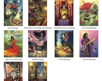 Peut inclure: Un ensemble de 10 cartes illustrées représentant diverses scènes sur le thème de la magie. Les cartes sont imprimées sur un fond blanc avec une bordure noire. Les images comprennent un couple près d'un feu de camp, une femme remuant un chaudron, une femme tenant une flamme et une femme regardant à travers un télescope.