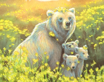 May Queen - Bear and Cubs Spring Flower Illustration 8x8